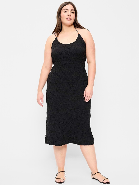 Beaded Halter-Neck Textured Midi Dress
