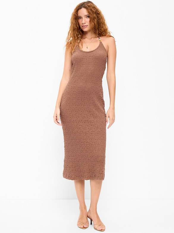 Beaded Halter-Neck Textured Midi Dress
