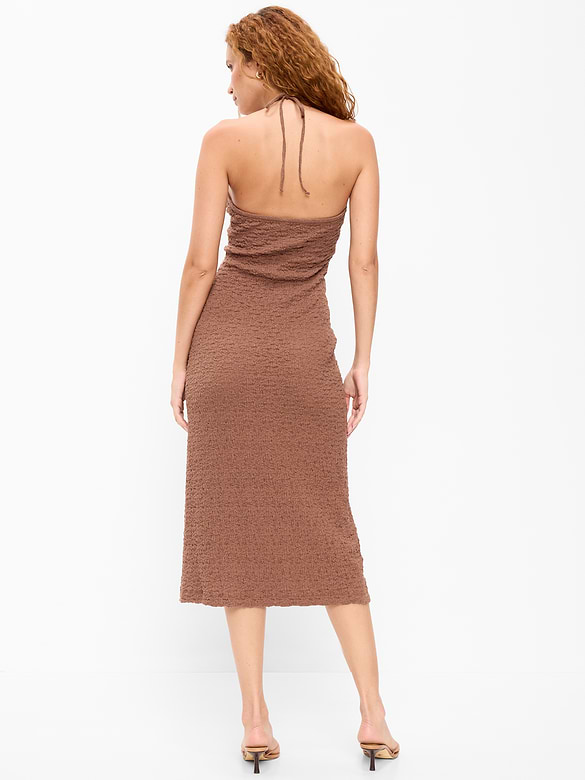 Beaded Halter-Neck Textured Midi Dress