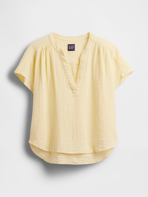 Cotton Gauze Oversized Split-Neck Top
