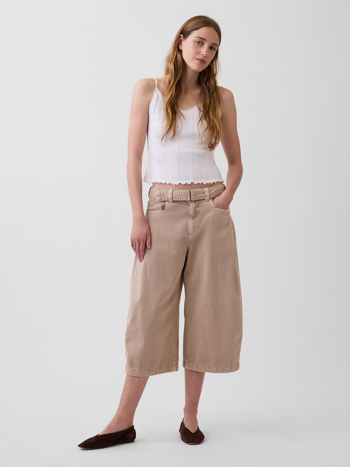 Mid Rise Belted Culotte Barrel Pants
