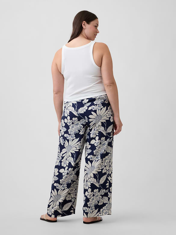 Mid Rise Pull-On Wide-Leg Linen-Blend Pants