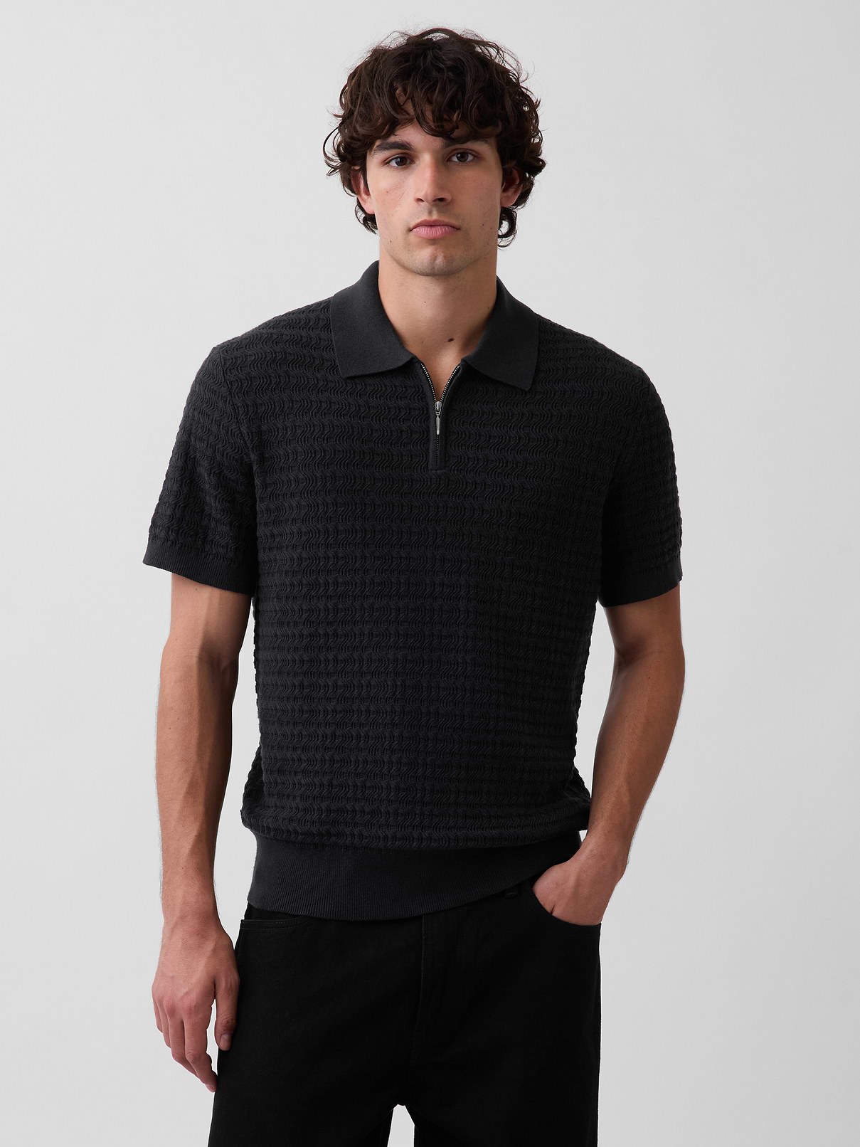 Textured Zip Polo Sweater Shirt