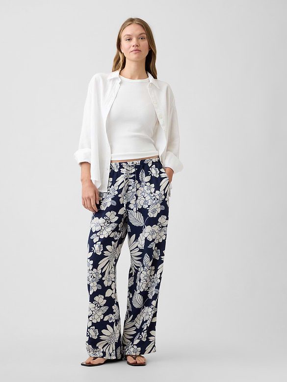 Mid Rise Pull-On Wide-Leg Linen-Blend Pants