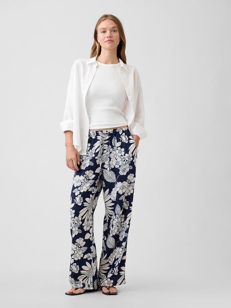 Image number 1 showing, Mid Rise Pull-On Wide-Leg Linen-Blend Pants