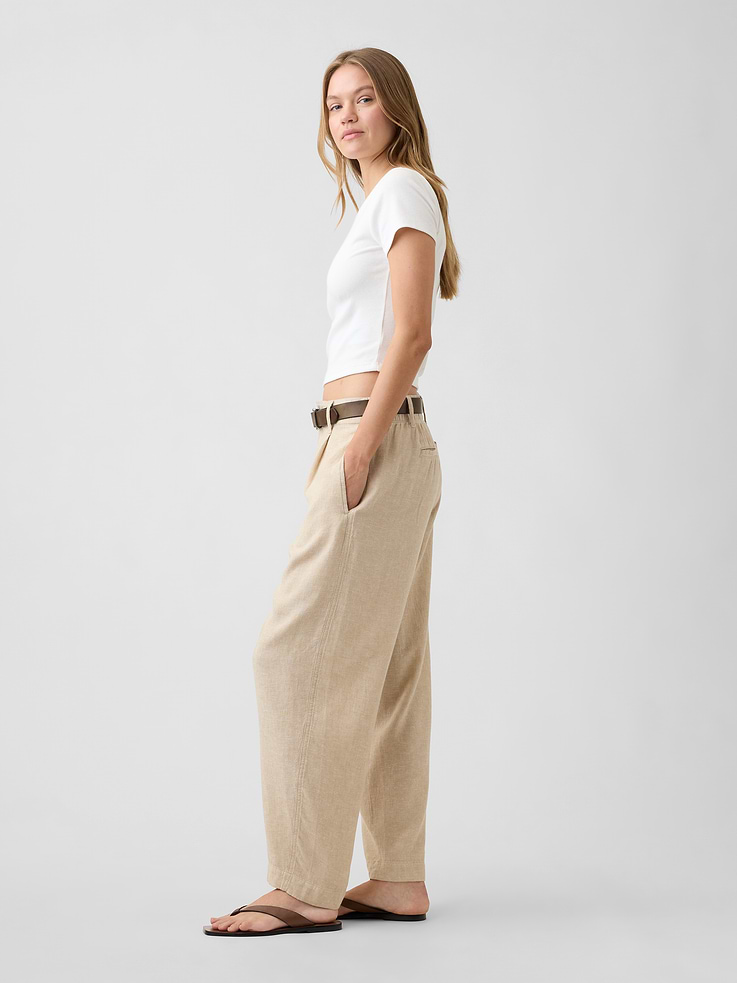 Image 3 of 7, High Rise Linen-Blend Barrel Pants