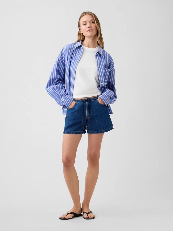 Image number 1 showing, 3" Mid Rise Drawstring Denim Shorts