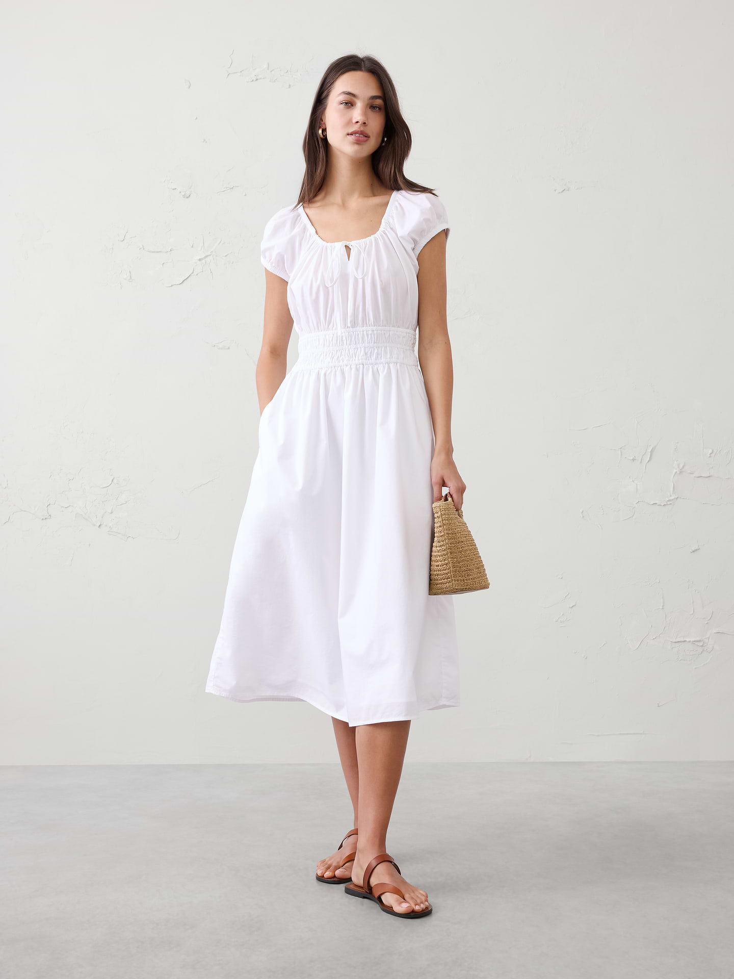 Image number 1 showing, Poplin Gathered-Neck Midi Dress