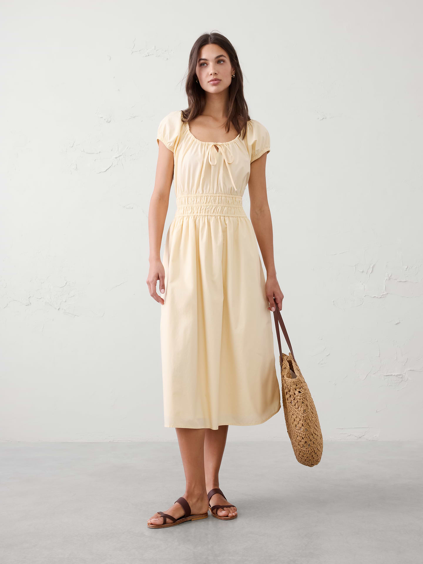 Image number 1 showing, Poplin Gathered-Neck Midi Dress