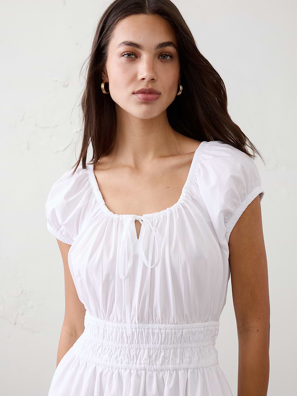 Poplin Gathered-Neck Midi Dress