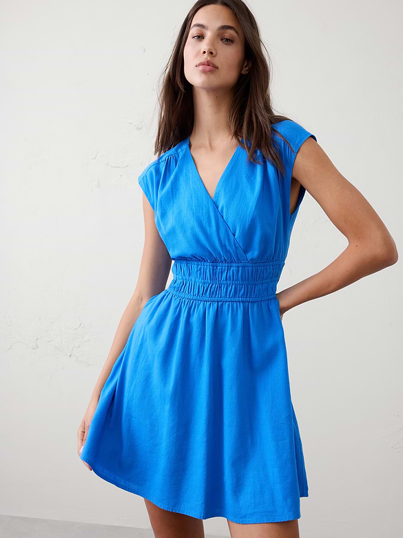 Linen-Blend Smocked-Waist Mini Dress