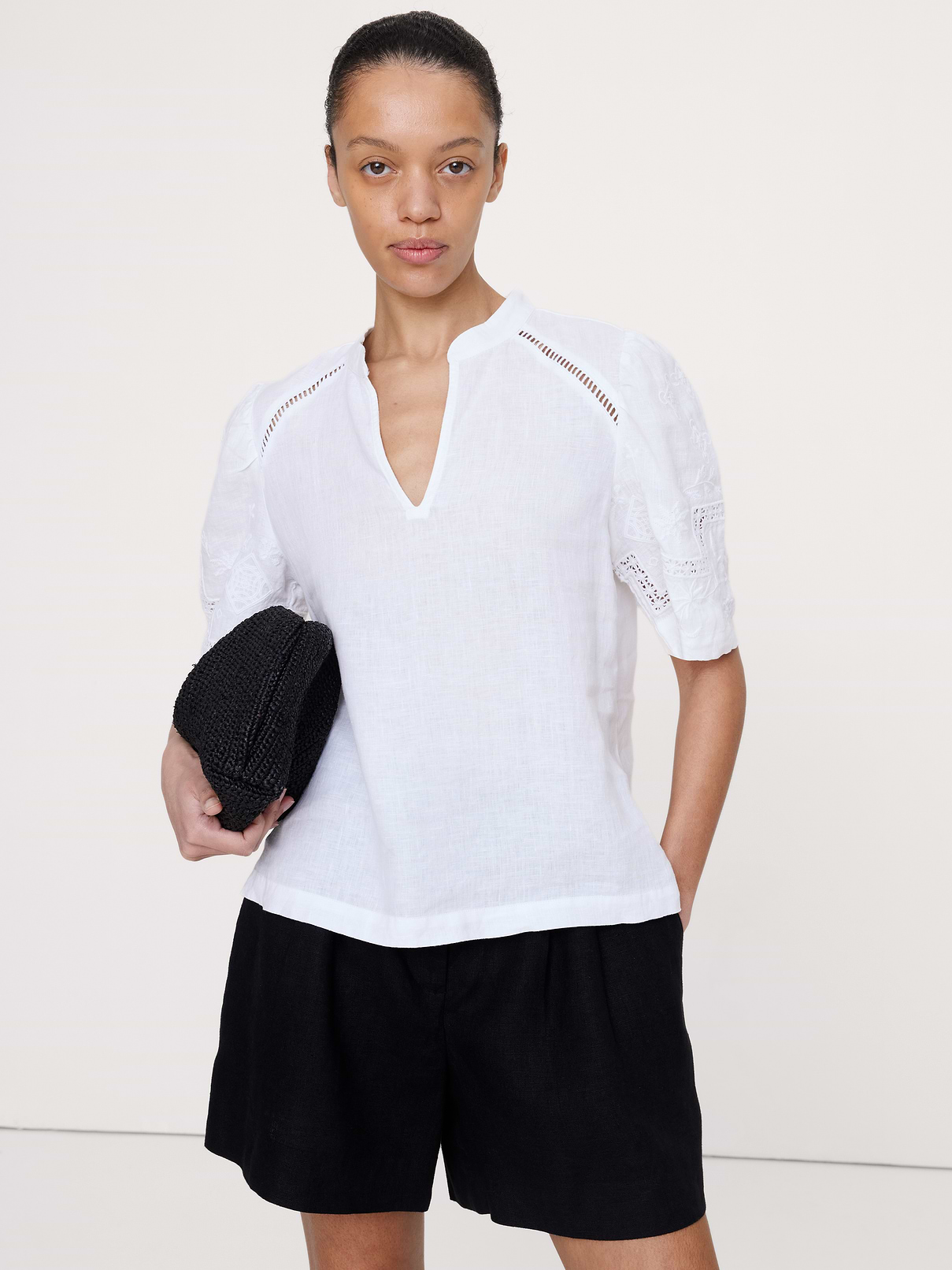 Embroidered Linen Puff-Sleeve Top