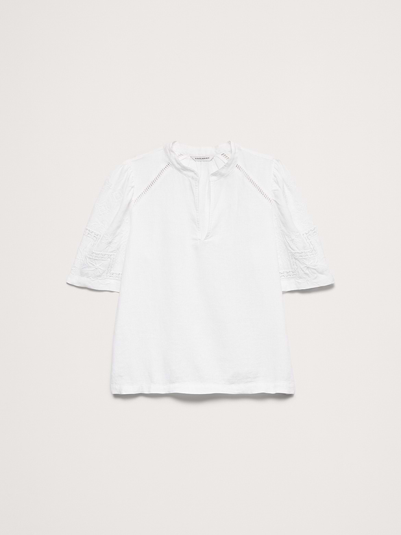 Embroidered Linen Puff-Sleeve Top