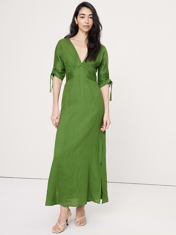 Linen Tie-Sleeve Midi Dress