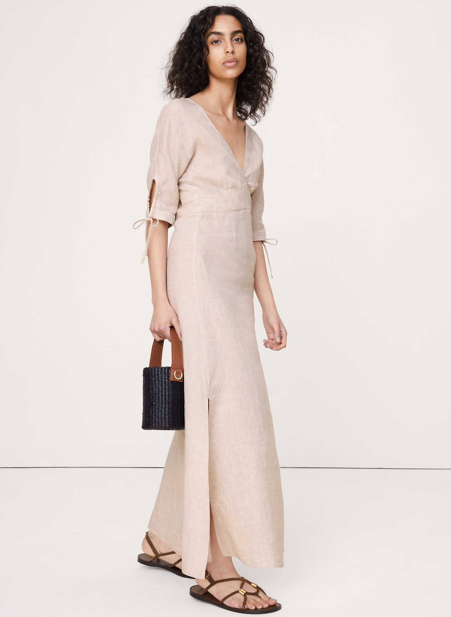 Image number 1 showing, Linen Tie-Sleeve Midi Dress