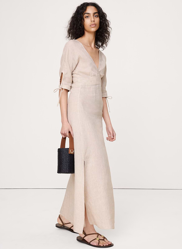 Linen Tie-Sleeve Midi Dress