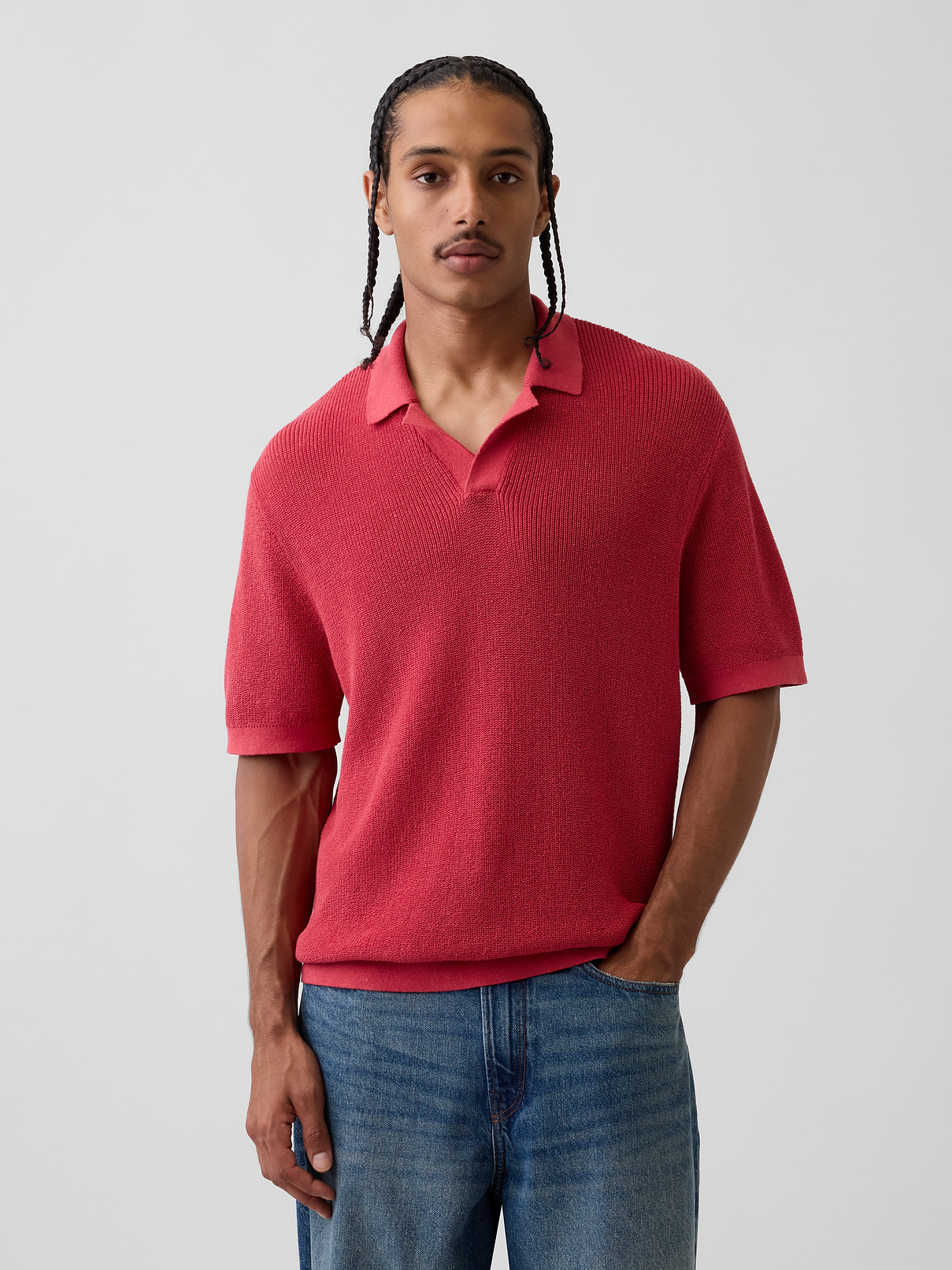 Linen-Blend Camp Polo Sweater Shirt