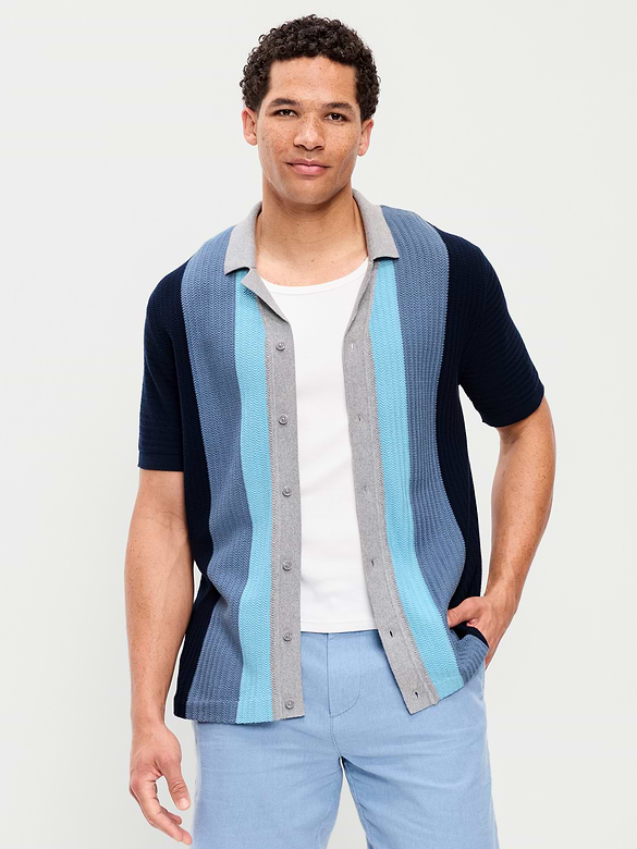 Short-Sleeve Striped Camp Sweater Shirt
