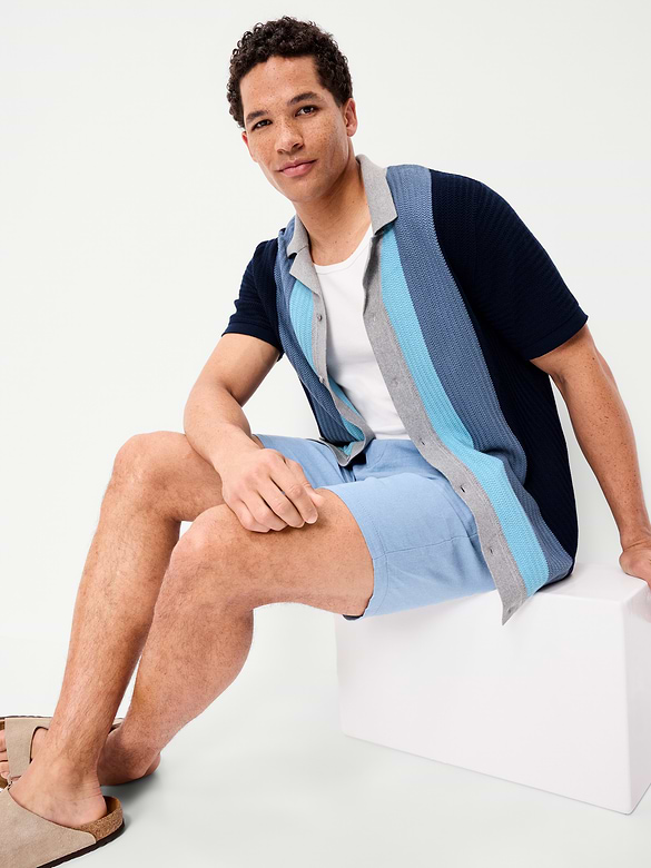 Short-Sleeve Striped Camp Sweater Shirt