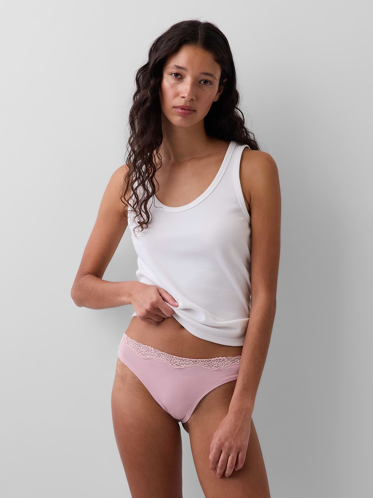 L'image numéro 1 présente Tanga en coton biologique extensible à bordure en dentelle