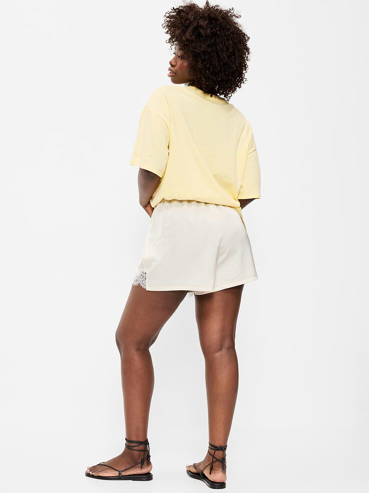 Image number 7 showing, High-Waisted Lace-Trim Satin Shorts