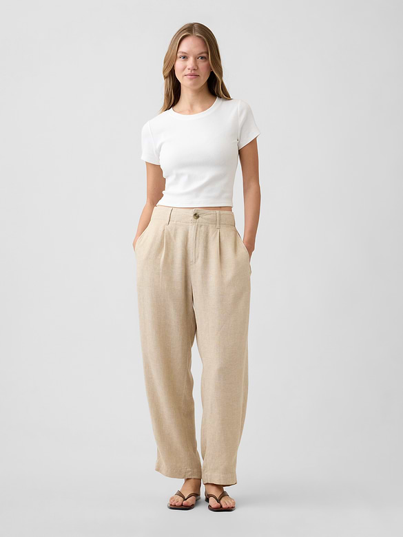 High Rise Linen-Blend Barrel Pants