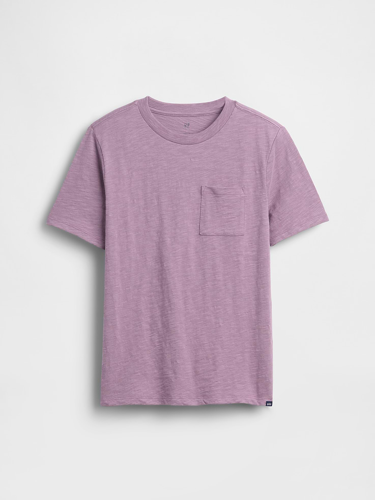 Image 1 of 3, Soft cotton T-shirt., Crewneck., Short sleeves., Front patch pocket., Gap logo at hem., This product was made in a factory that invests in gender equity and women’s empowerment through RISE. Learn more at gapinc.com/equity ., Product #745882