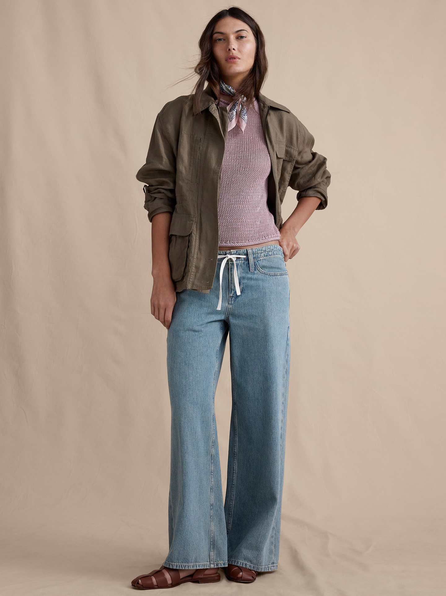 Image number 1 showing, Mid-Rise Wide-Leg Drawstring Jean