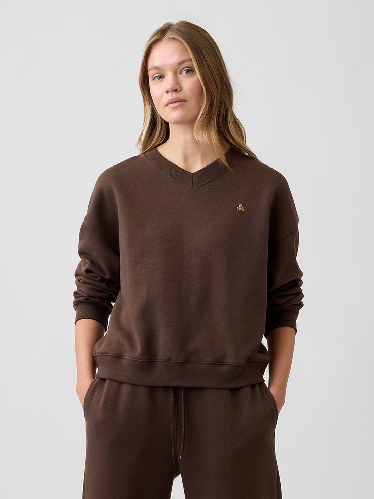 Image 1 of 5, This product is made with/contains 23% recycled polyester. Compared to virgin materials, using recycled materials helps reduce resource use and waste., Soft, comfy fleece., Dropped shoulder, long sleeves with banded cuffs., V-neck., Banded wedge hem., This product was made in a factory that invests in gender equity and women’s empowerment through RISE. Learn more at, Product #1178404