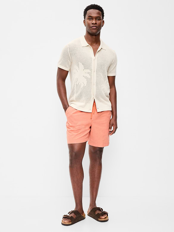 Short de jogging en mélange de lin, entrejambe de 18 cm