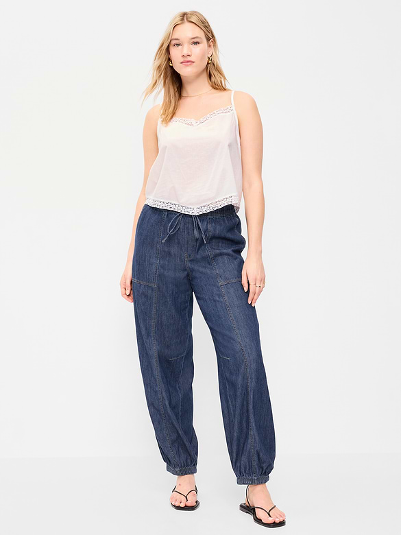 Mid-Rise Pull-On Utility Harem Denim Pants
