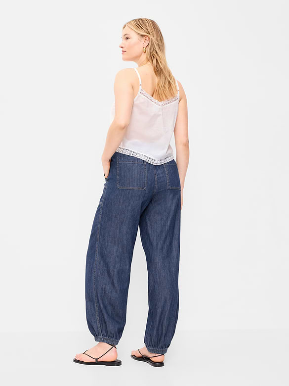 Mid-Rise Pull-On Utility Harem Denim Pants