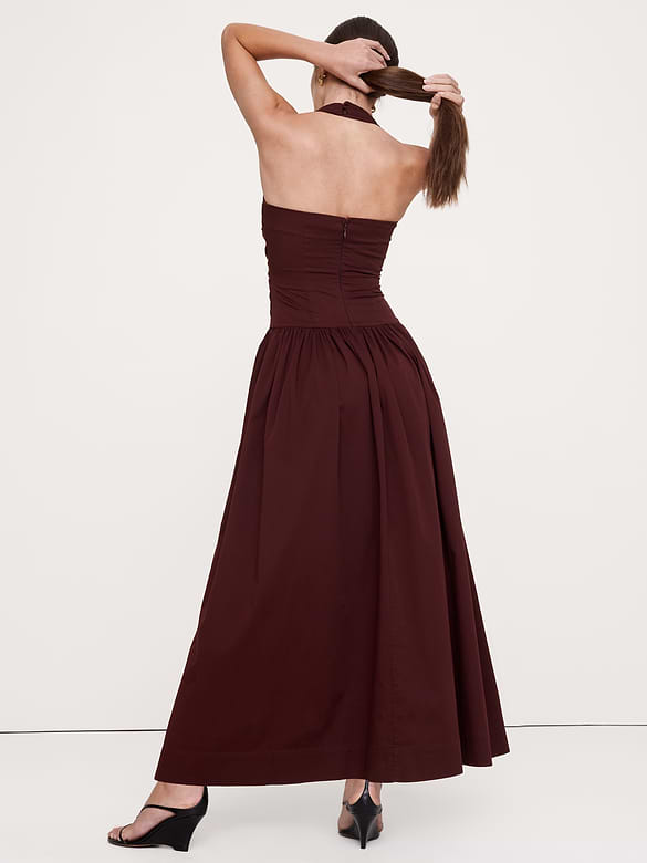 Stretch-Cotton Halter Maxi Dress