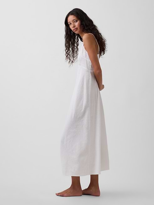 women's linen-blend scalloped midi dress by gap Sula Cauca Navy Floral Linen the pulled Linen-Blend Scalloped Midi Dress |