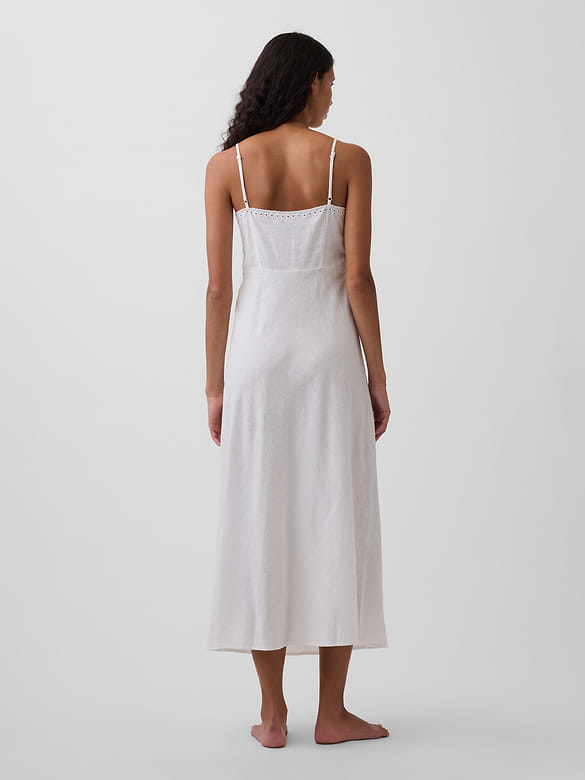 Linen-Blend Embroidered Midi Dress