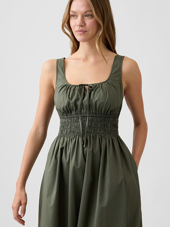 Smocked Tie-Front Midi Dress