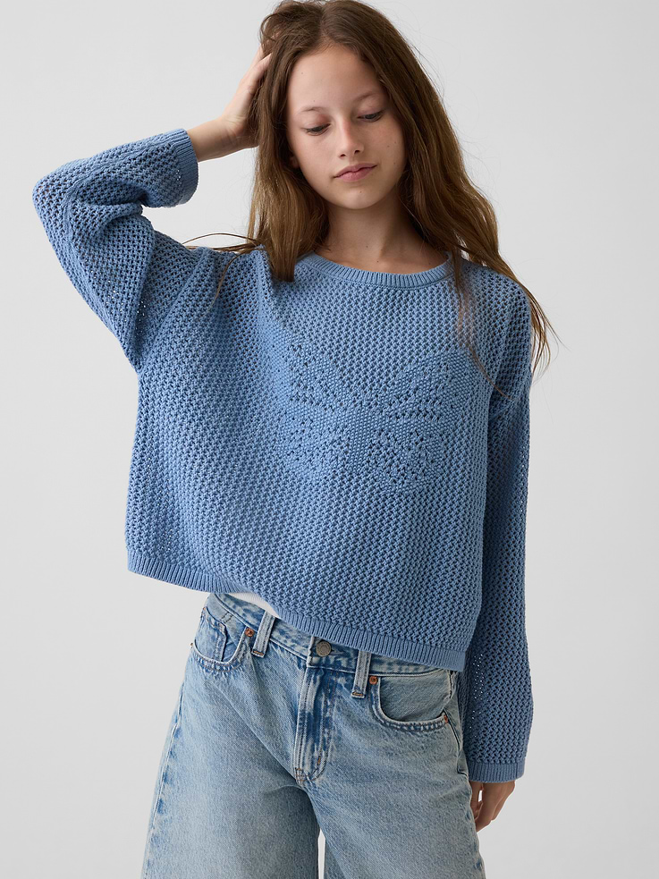 Image number 1 showing, Kids 100% Cotton Crochet Oversized Graphic Sweater