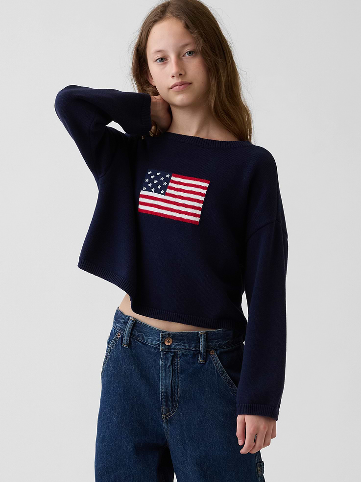 Image number 1 showing, Kids100% Cotton Crochet Oversized Americana Sweater