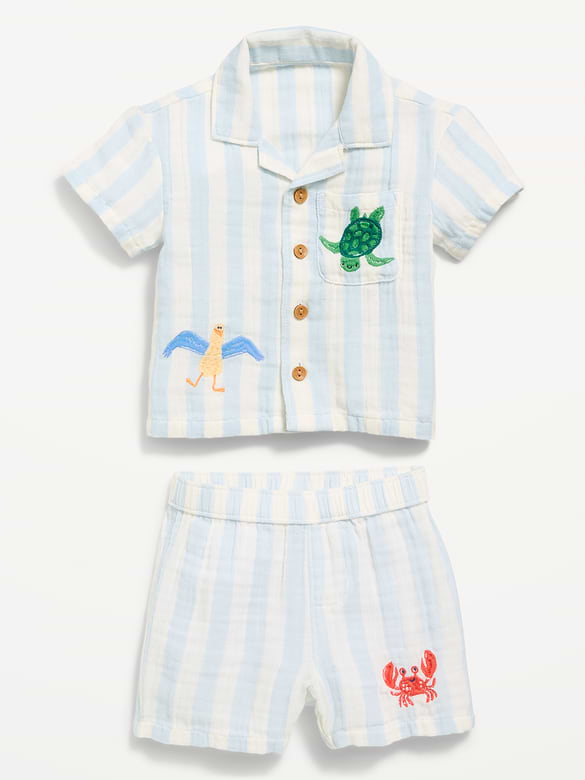 Printed Double-Weave Shirt and Shorts Set for Baby