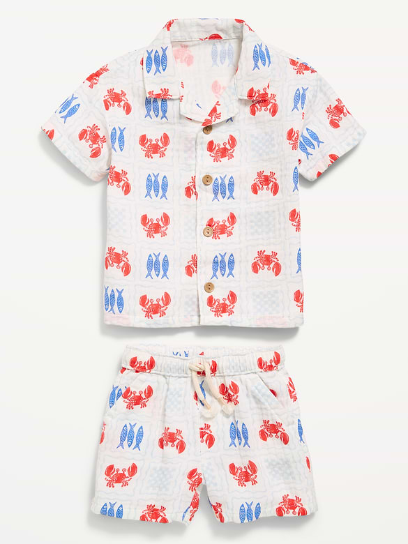 Printed Double-Weave Shirt and Shorts Set for Baby