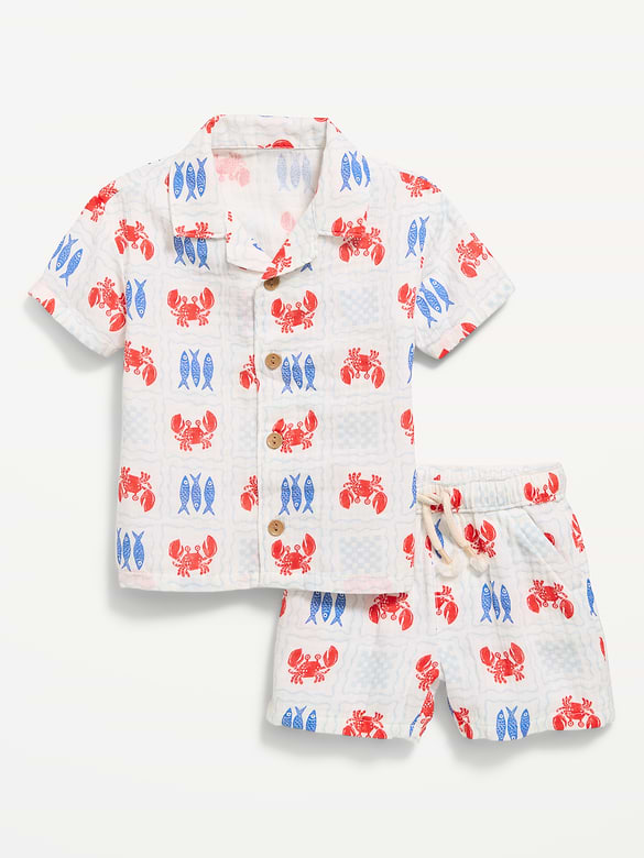Printed Double-Weave Shirt and Shorts Set for Baby