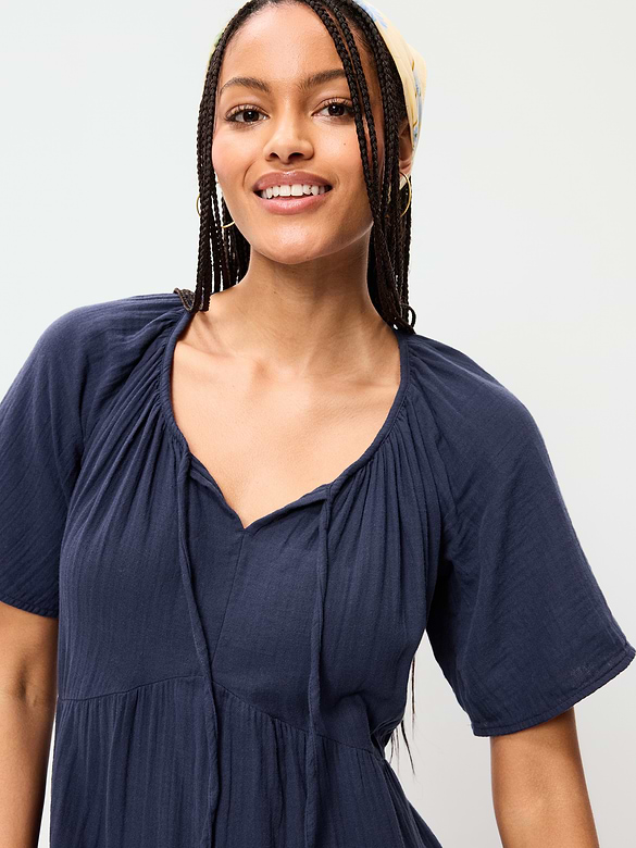 Crinkle Gauze Flutter-Sleeve Mini Swing Dress