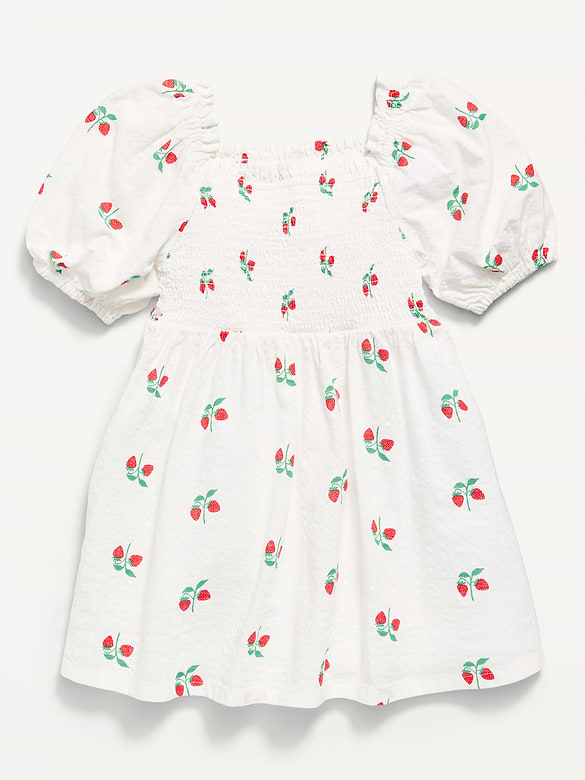 Printed Fit and Flare Puff-Sleeve Smocked Dress for Toddler Girls