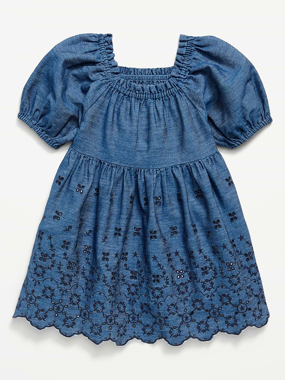 Fit and Flare Puff-Sleeve Embroidered Dress for Toddler Girls