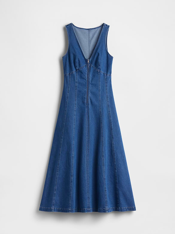 Denim Seamed Zip-Front Midi Dress