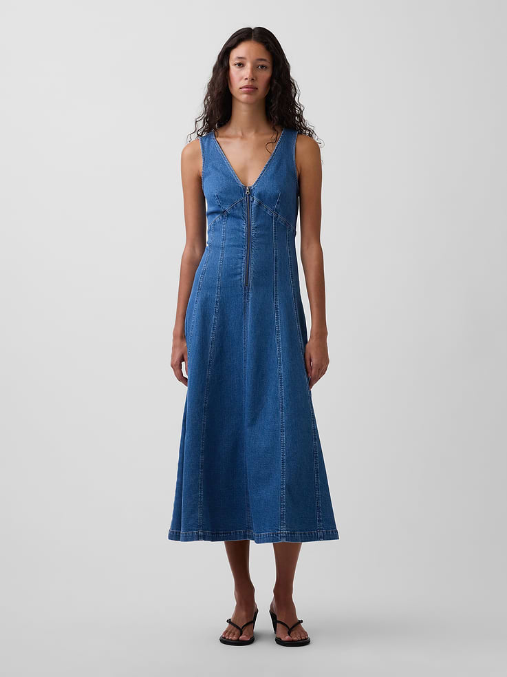 Image number 1 showing, Denim Seamed Zip-Front Midi Dress