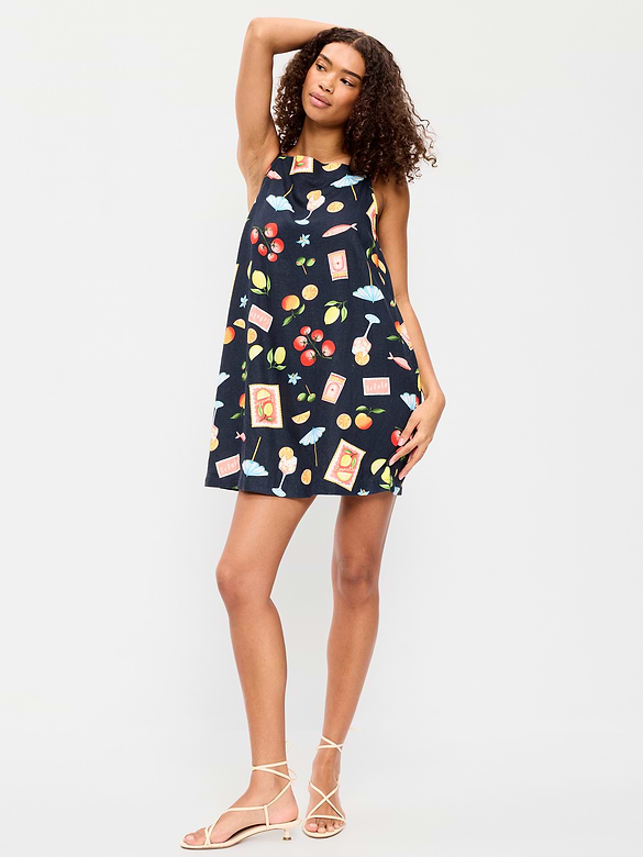 Linen-Blend Apron-Neck Mini Shift Dress