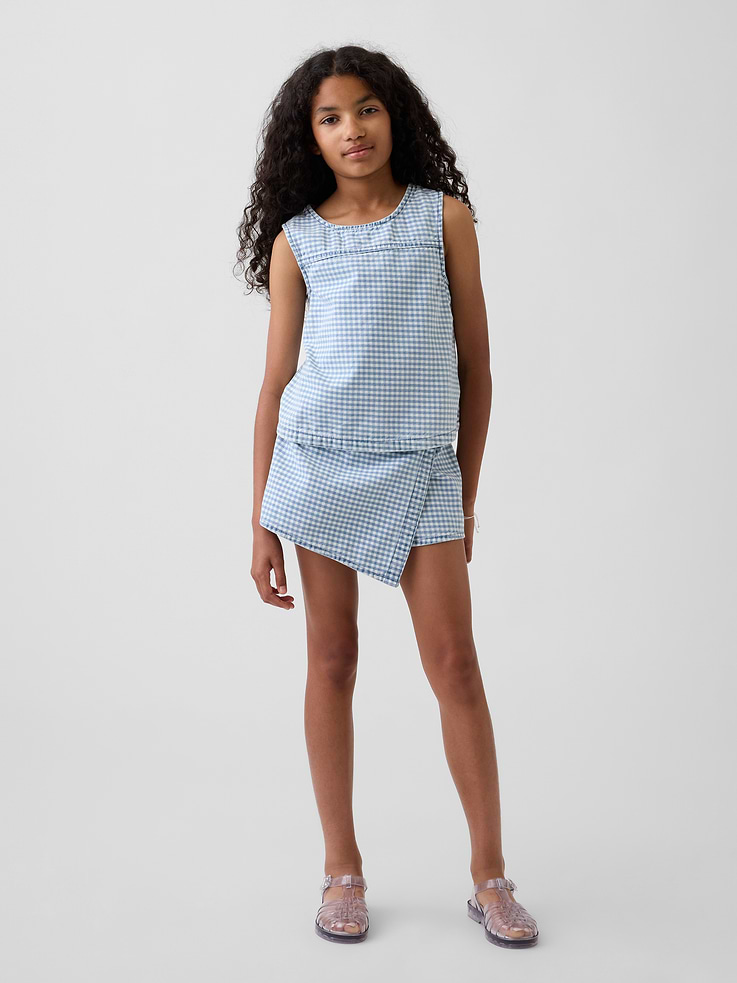 Image number 1 showing, Kids Gingham Denim Wrap-Front Mini Skort