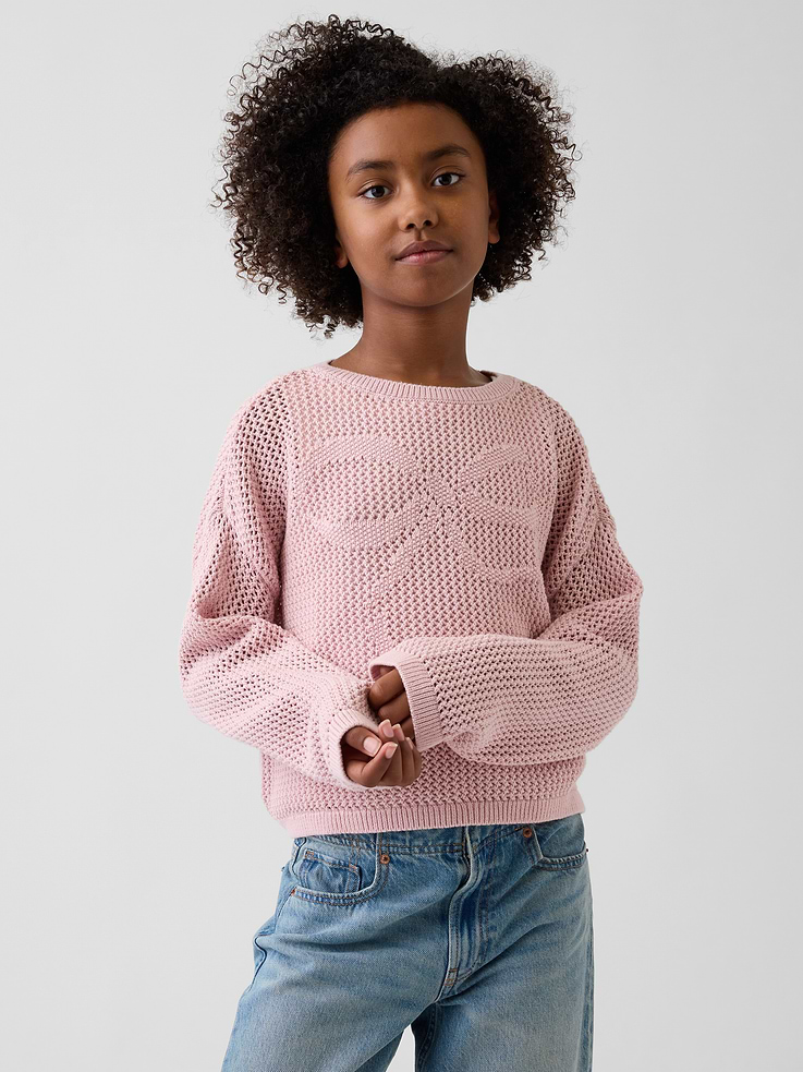 Image number 1 showing, Kids 100% Cotton Crochet Oversized Graphic Sweater