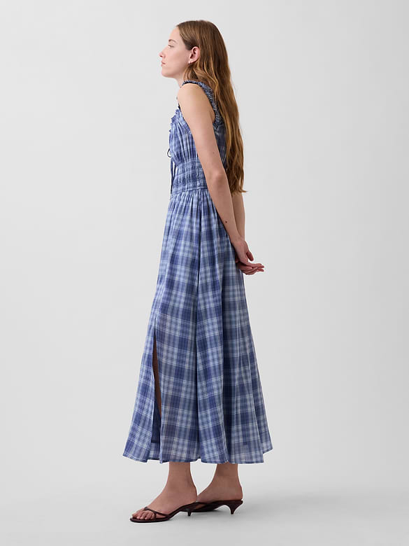 Voile Plaid Smocked-Waist Maxi Dress